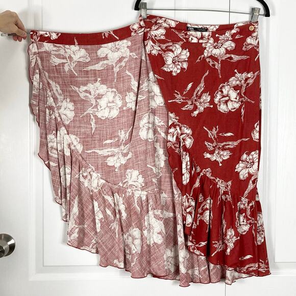 NWOT ZARA Skirt M Wrap Ruffle Midi Floral Linen Blend Button Waist Burgundy - Picture 5 of 13